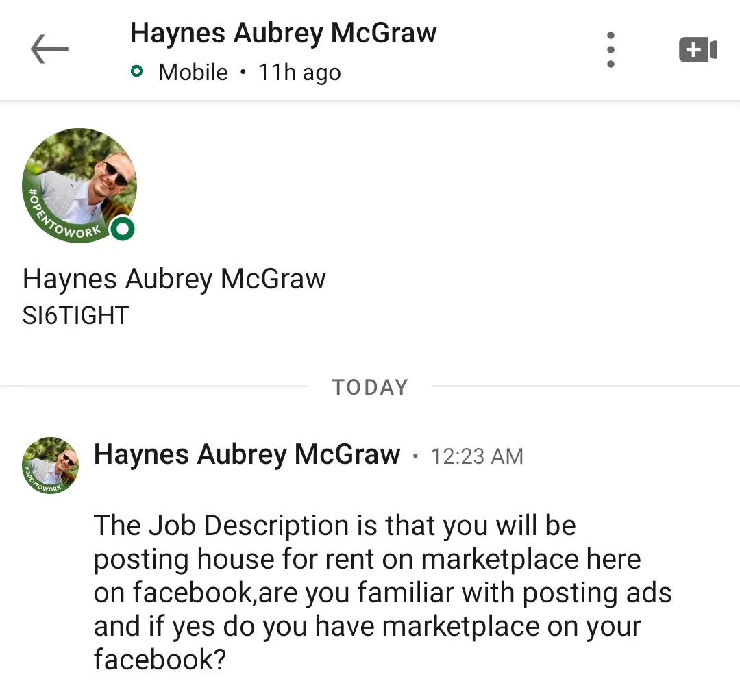 a LinkedIn message from a fake recruiter offering a job posting homes for rent on Facebook Marketplace